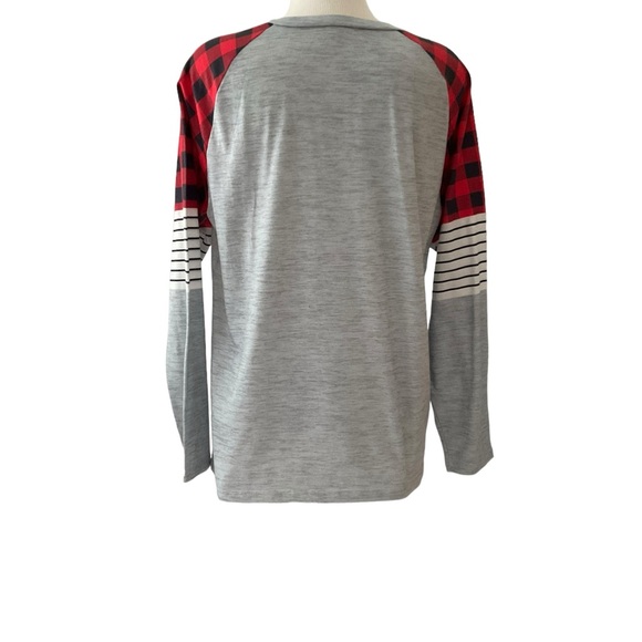 Women’s Top T-Shirt Long Sleeve Gray w/Plaid Stripes Heart Motif Size XL - Picture 2 of 4